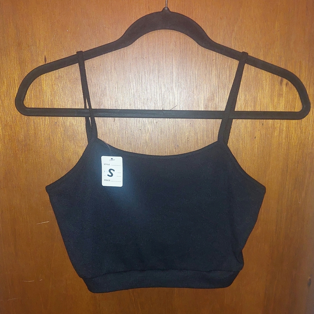 Black Ribbed Cropped Tank Top Ptp 14.5 Small, Polyester/spandex, Nwt